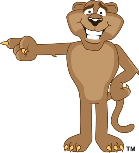 A cartoon cougar pointing to the left