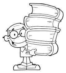 A cartoon boy holding 4 large books